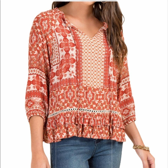Francesca’s Blue Rain orange rust boho ruffle top size Medium - Picture 2 of 9
